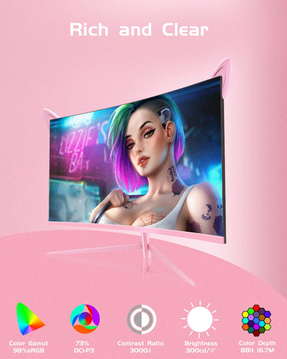 27inch Curved Pink Monitor QHD 165hz 1800R Gaming Display HDR10 Free-Sync Desktop Screen 1ms GTG  With Speakers Tilt Adjustable