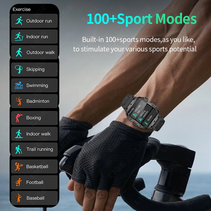 LIGE 2024 Outdoor Military Mens Smartwatch Bluetooth Call Sport Heart Rate Monitor IP68 Waterproof Smart Watches For Android IOS