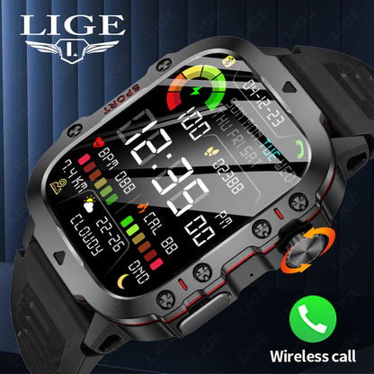 LIGE 2024 Outdoor Military Mens Smartwatch Bluetooth Call Sport Heart Rate Monitor IP68 Waterproof Smart Watches For Android IOS