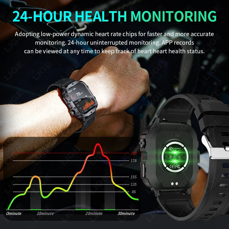 LIGE 2024 Outdoor Military Mens Smartwatch Bluetooth Call Sport Heart Rate Monitor IP68 Waterproof Smart Watches For Android IOS