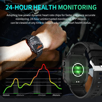 LIGE 2024 Outdoor Military Mens Smartwatch Bluetooth Call Sport Heart Rate Monitor IP68 Waterproof Smart Watches For Android IOS