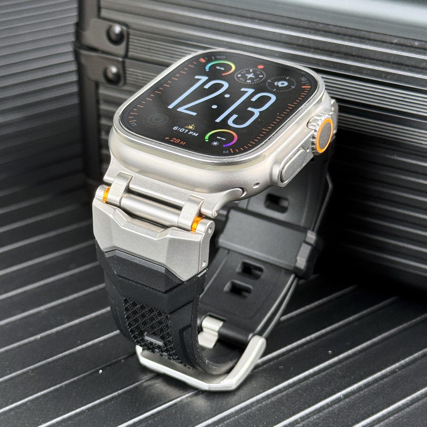 Armor X Mecha-Style Smartwatch Band for Apple Watch - Durable Rubber Strap with Titanium/Black Connectors, Outdoor Wear - Fits Series 9/8/7 (45mm), Series 6/5/4/SE (44mm), Series 3/2/1 (42mm) - Available in Black, Starlight,